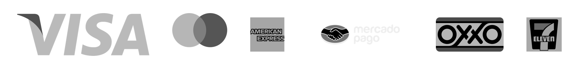 Visa, Mastercard, American Express, Mercado Pago, OXXO, 7-Eleven