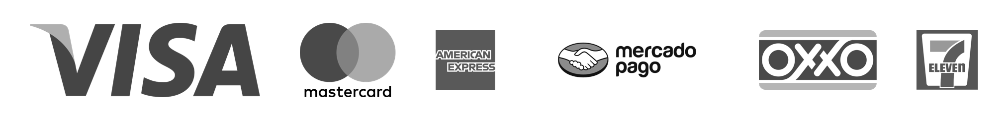 Visa, Mastercard, American Express, Mercado Pago, OXXO, 7-Eleven